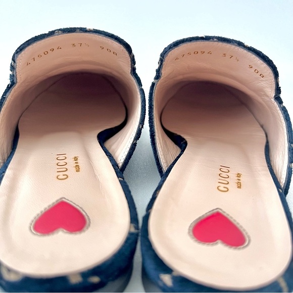 GUCCI | Navy GG Monogram Velvet Princetown Mules Horsebit Loafers Slip On 37.5 - Picture 6 of 9